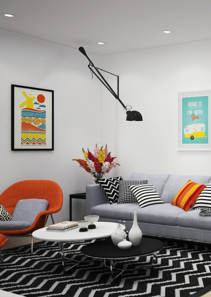Gris et noir rehaussés par des touches de couleurs peps appartement de ville au design moderne nordique