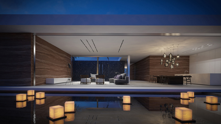 La maison d’architecte à Mayotte vue romantiquement éclairée dans la nuit extérieur piscine de luxe éclairée