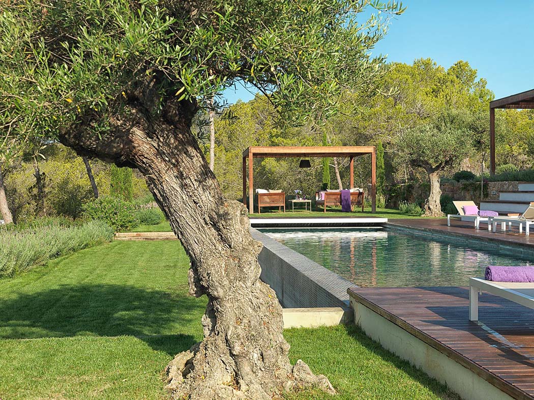 La terrasse avec la piscine et les chaises longues pour des bains de soleils tout au long de la journée extérieur villa de rêve vacances ibiza