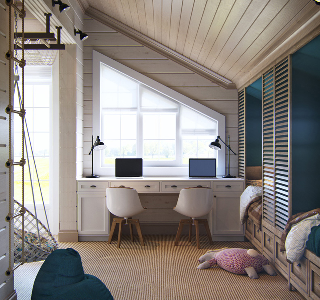 Bureau pour les deux enfants aménagé juste devant la fenêtre de forme originale chambre des enfants sous le toit