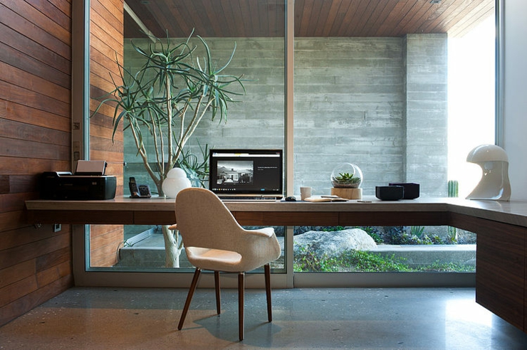 Bureau au mur vitré de la maison de plain-pied bureau mur en verre transparent vue