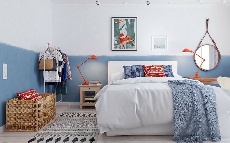 Belle chambre à coucher en blanc et bleu inspiration marine et nordique sobre