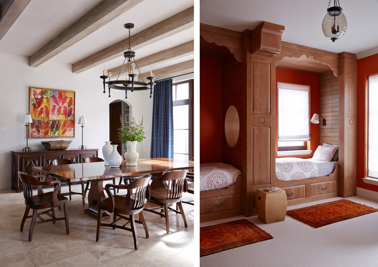 Salle à manger et chambres aux lits près des fenêtres intérieur rustique maison de vacances plage