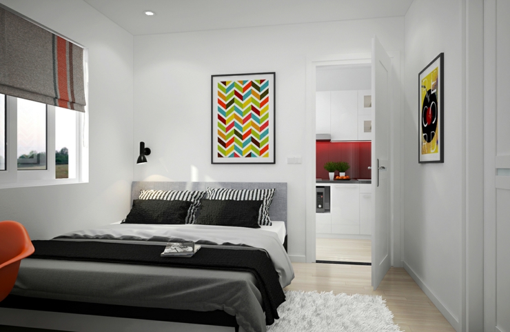 Chambre parentale à l’ambiance simple en blanc et noir chambre à coucher appartement fonctionnel scandinave