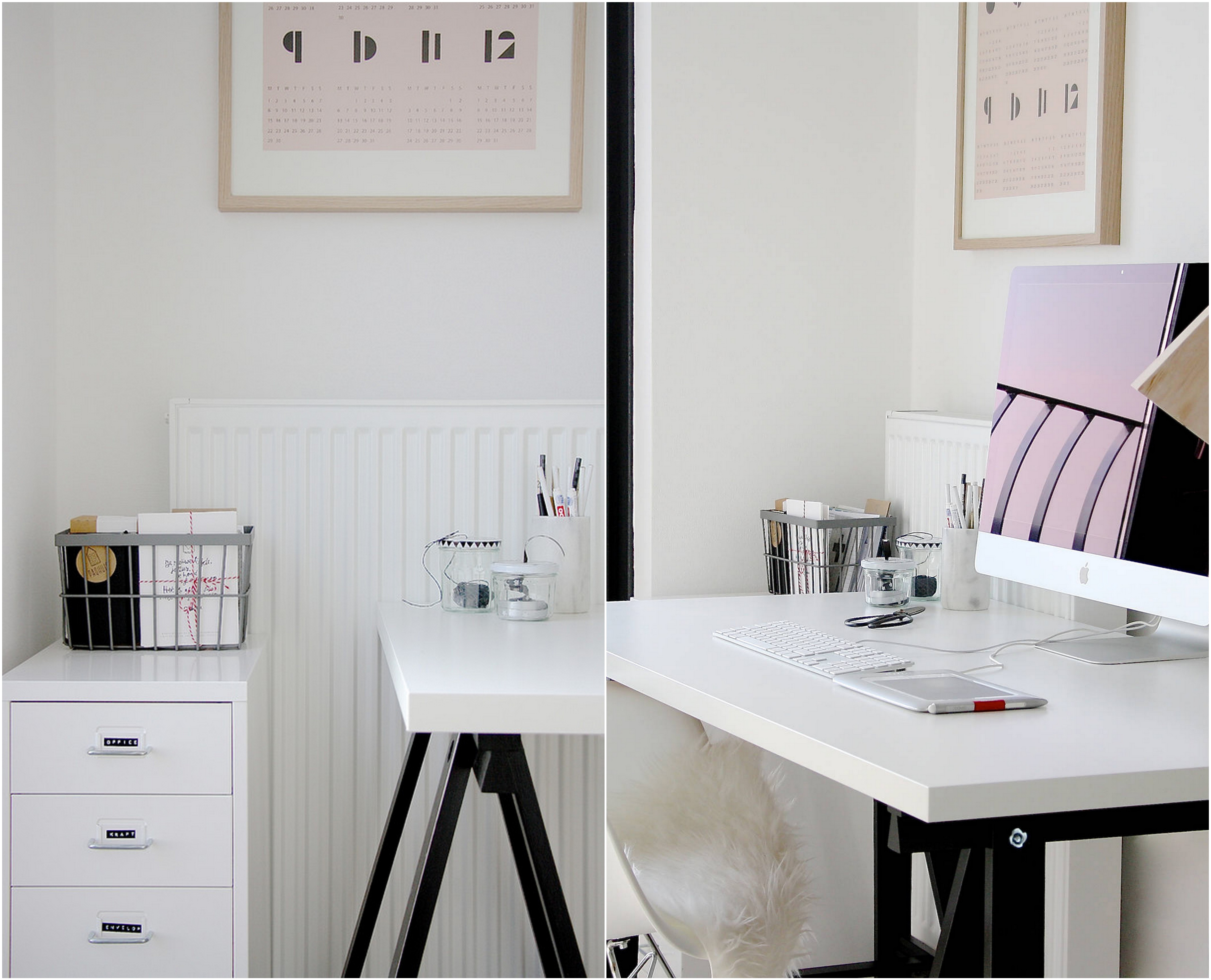 Coin bureau, aménagé près des fenêtres avec les rangements et la table à tréteaux tendance bureau rangement design métallique office