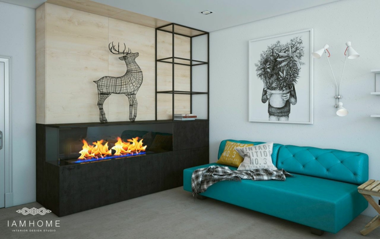 Cheminée design et canapé en turquoise cheminée design intérieur artistique créatif