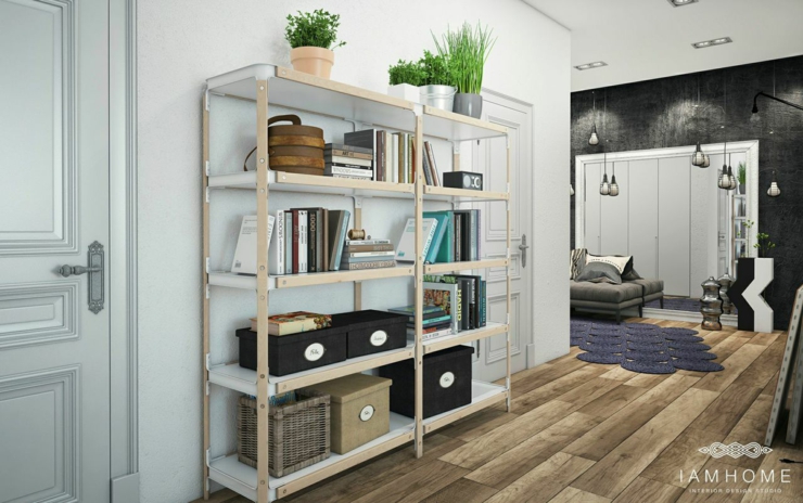 Sol en parquet massif, porte d’intérieur design en gris couloir étagère simple intérieur design appartement de ville