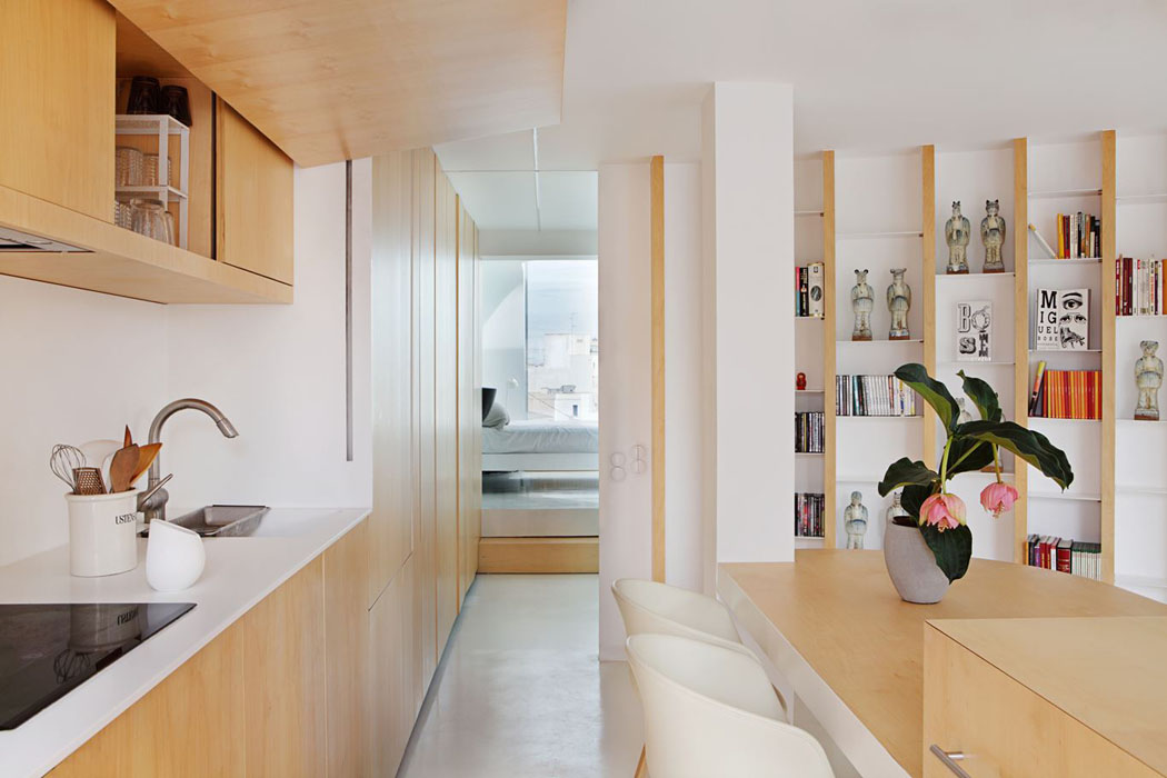 Petite cuisine aménagée bien agencée avec de nombreux rangements cuisine moderne dissimulée en bois