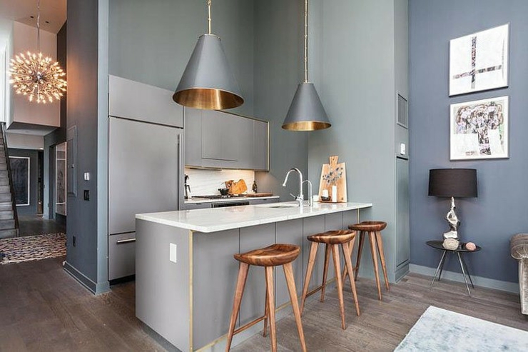 Intérieur en gris du séjour et la cuisine de ce bel appartement cuisine original déco en gris