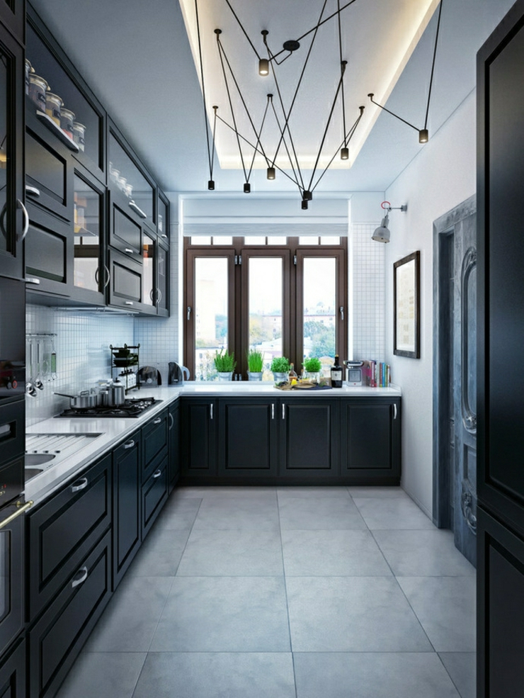 Cuisine séparée aux nombreux rangements en noir déco sombre cuisine luxe
