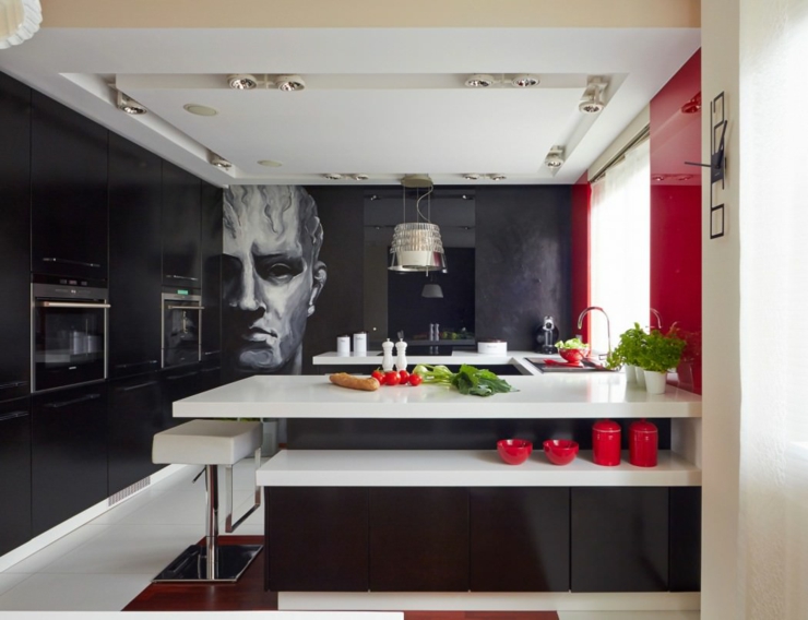 Superbe cuisine très spacieuse en noir et rouge superbe cuisine aménagé déco maison chic