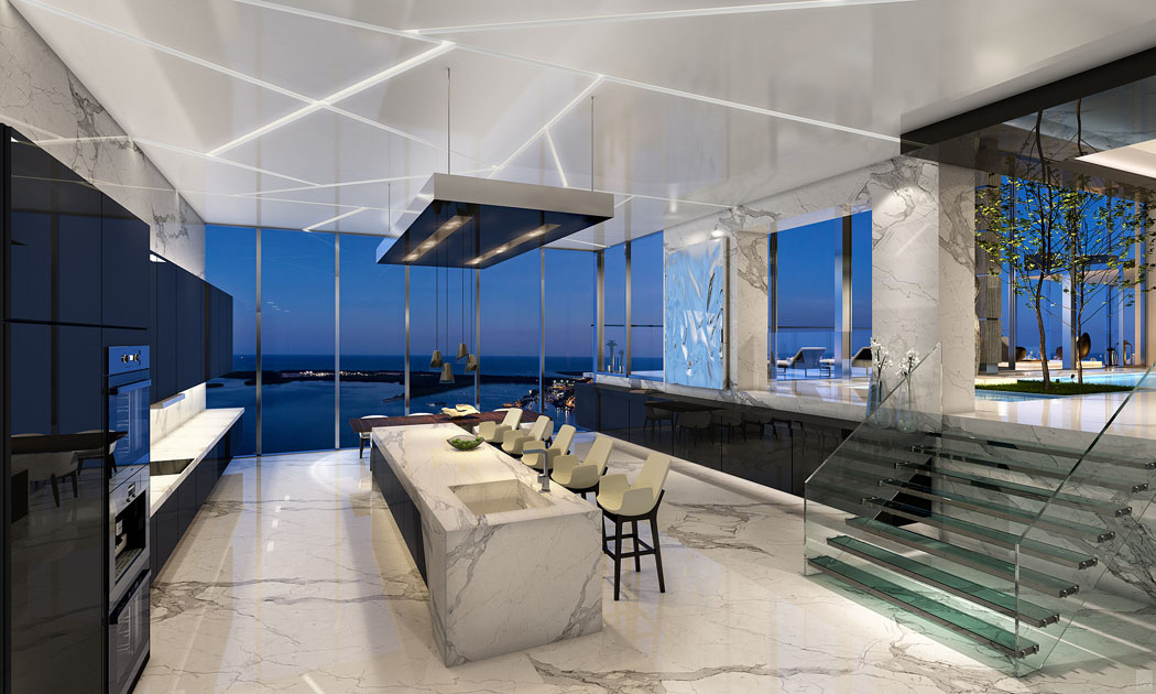L’architecture intérieure de ces penthouses de standing offre quelques traits bien créatifs cuisine et salle à manger avec vue penthouse