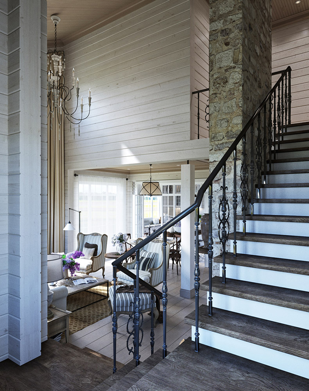 Escalier partant depuis la pièce principale de vie et menant vers l’étages des chambres escalier intérieur résidence rustique banlieue