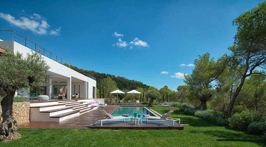 Outdoor vert, ciel sans nuage et magnifique résidence secondaire de luxe à Ibiza belle piscine villa de vacances luxe