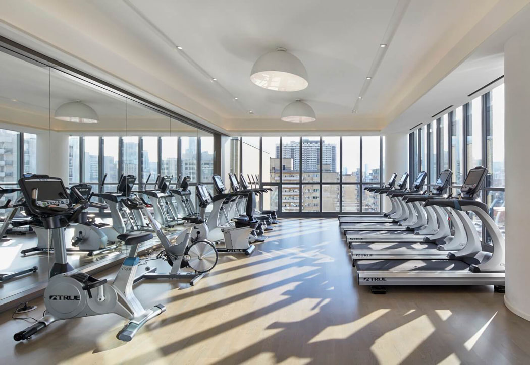 Salle de fitness aux équipements dernier cri et magnifique vue sur la ville équipement moderne salle de fitness appartement de standing
