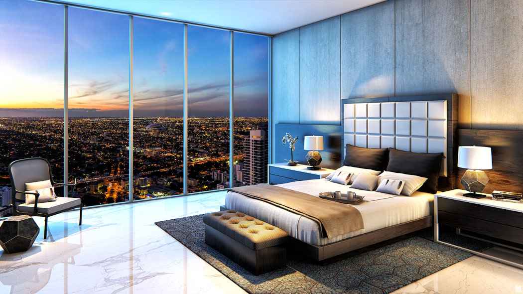Les chambres sont dotées d’imprenables vues soit sur la plage soit sur le paysage citadin de Miami chambre à coucher avec vue penthouse de luxe