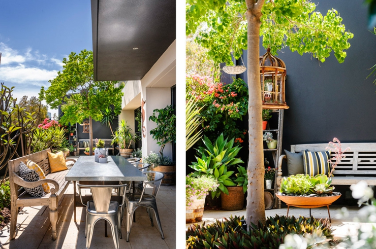 Petite terrasse avec table à manger et banc pour se détendre aménagement outdoor maison de ville