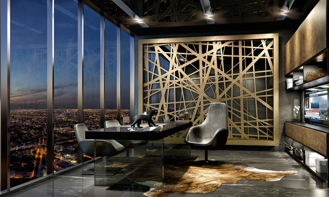 Le bureau dans ce penthouse Miami de luxe arbore un design résolument sombre voire masculin bureau design masculin penthouse miami