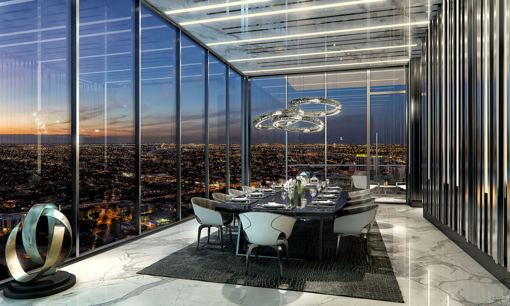 Penthouse Miami où la vue panoramique sur la ville constitue le must du luxe salle à manger avec vue penthouse maison appartement miami