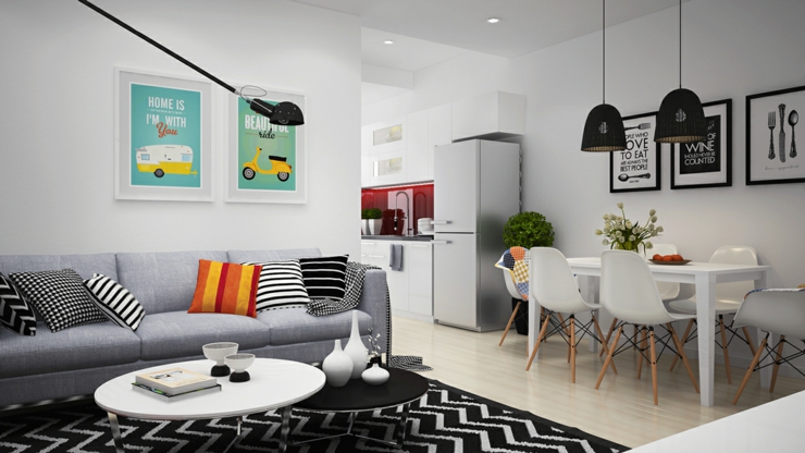Séjour et salle à manger en blanc, gris et noir séjour petit design moderne nordique