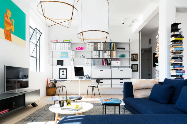 Séjour et coin bureau dans un style moderne et clair loft design industriel déco