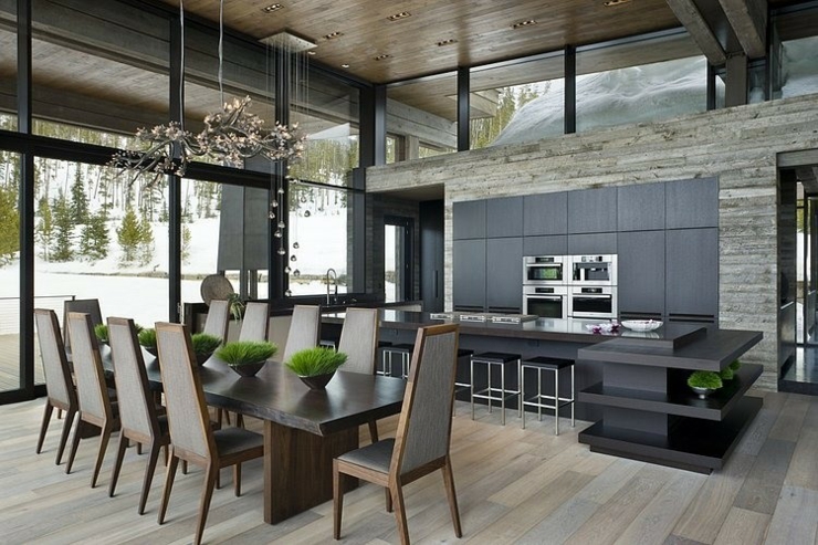 Intérieur rustique du chalet de ski luxueux salle à manger chalet de ski luxueux
