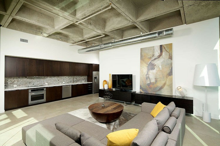 Cuisine ouverte de ce loft industriel californien séjour moderne au design industriel