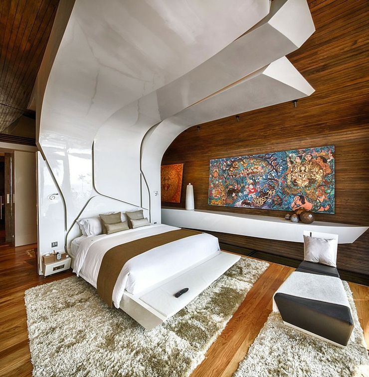 Intérieur très design en bois massif et blanc iniala design hôtel aux villas de luxe phuket