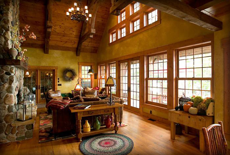 Décoration et design intérieur en bois massif séjour en bois avec toit hauteur