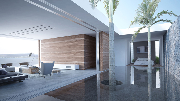 Partie de la pièce principale donnant sur le patio intérieur maison architecte avec patio