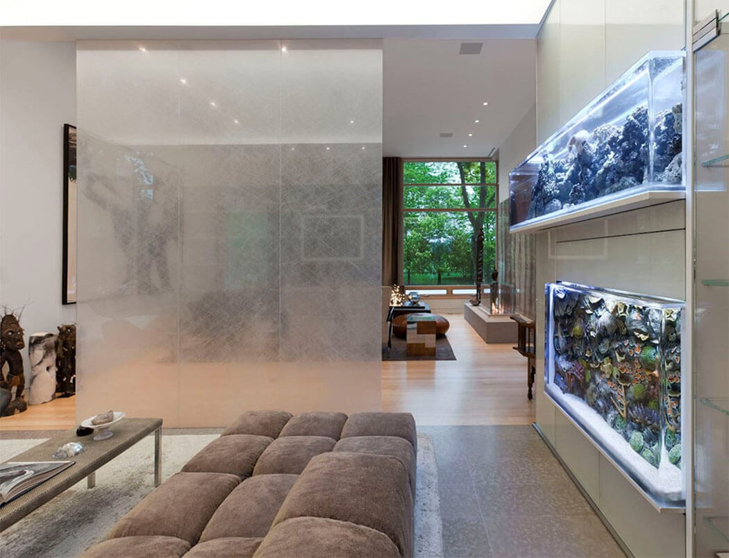 Magnifique collection de poissons dans de grands aquariums aménagement décoration maison en bois