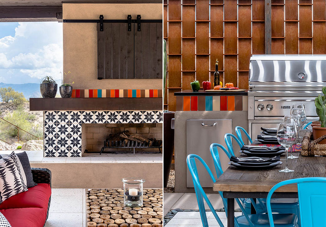 Les rappels de couleurs et de dalles que l’on retrouve dans la décoration de la piscine hors sol décoration extérieure influences hacienda mexico