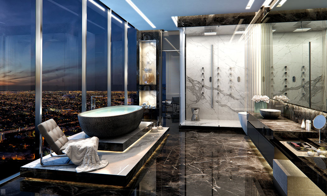 Salle de bains spacieuse réalisée en marbre blanc et noir mettant en valeur la belle vue sur la ville salle de bain design luxe marbre