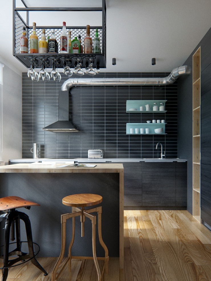 cuisine ouverte design sobre gris foncé