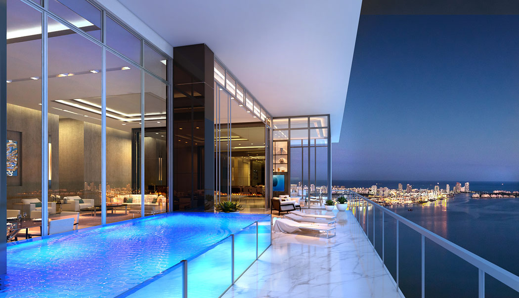Vue le climat tropical de la Floride, la piscine privée dans un penthouse Miami s’installe sur la terrasse piscine privée penthouse de luxe floride miami