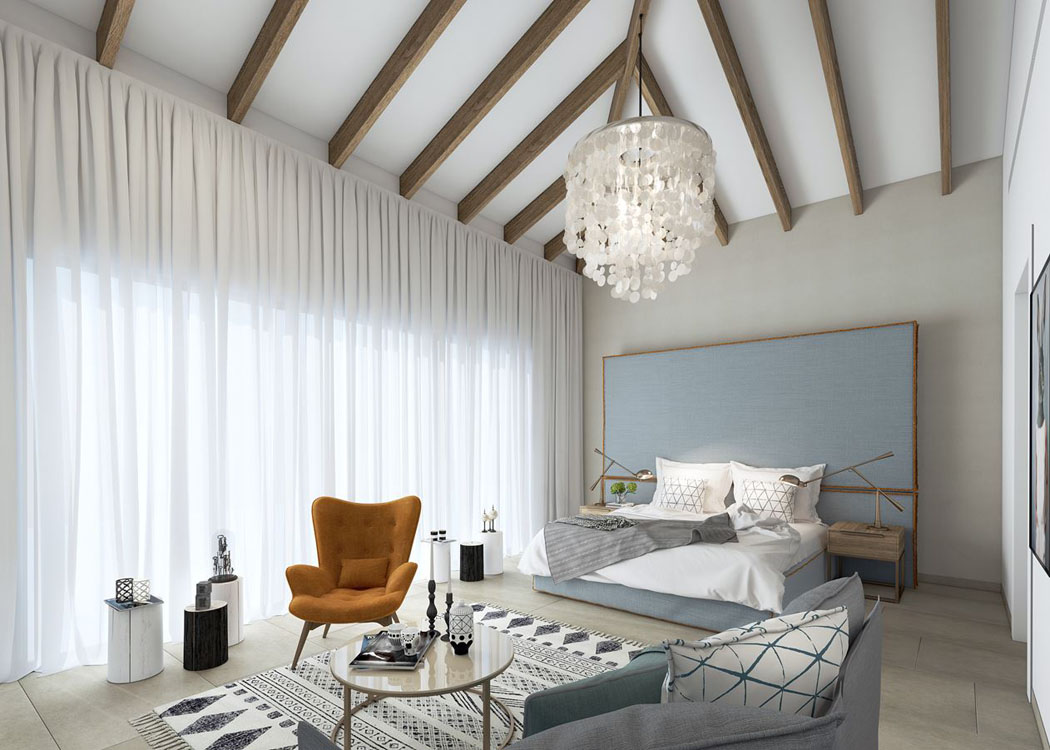 Les suites luxueuses de chaque villa se caractérisent par un design moderne mais classique et convivial chambre au design rustique moderne