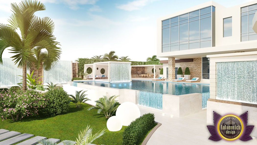 Un jardin d’Orient, des salons près de la grande piscine à débordement – un concept outdoor bien attrayant concept piscine luxe jardin oriental