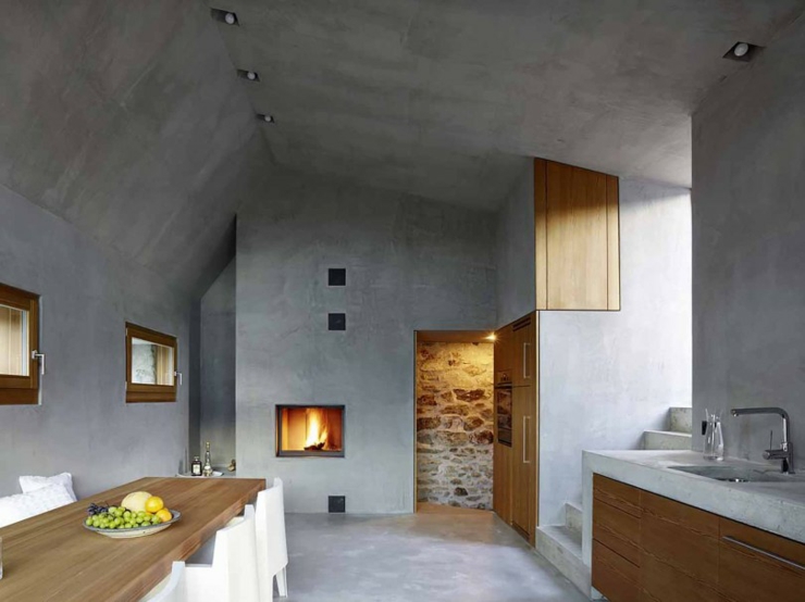 Mur, sol et plafond en béton combinés aux pierres cuisine sol mur en béton