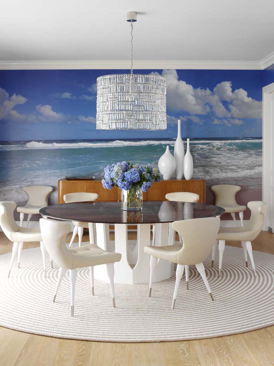 Salle à manger à la décoration épurée un brin retro en blanc et bleu petite salle à manger ameublement retro