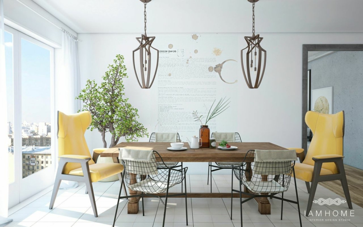 Intérieur design créatif aux couleurs originales salle à manger claire et design