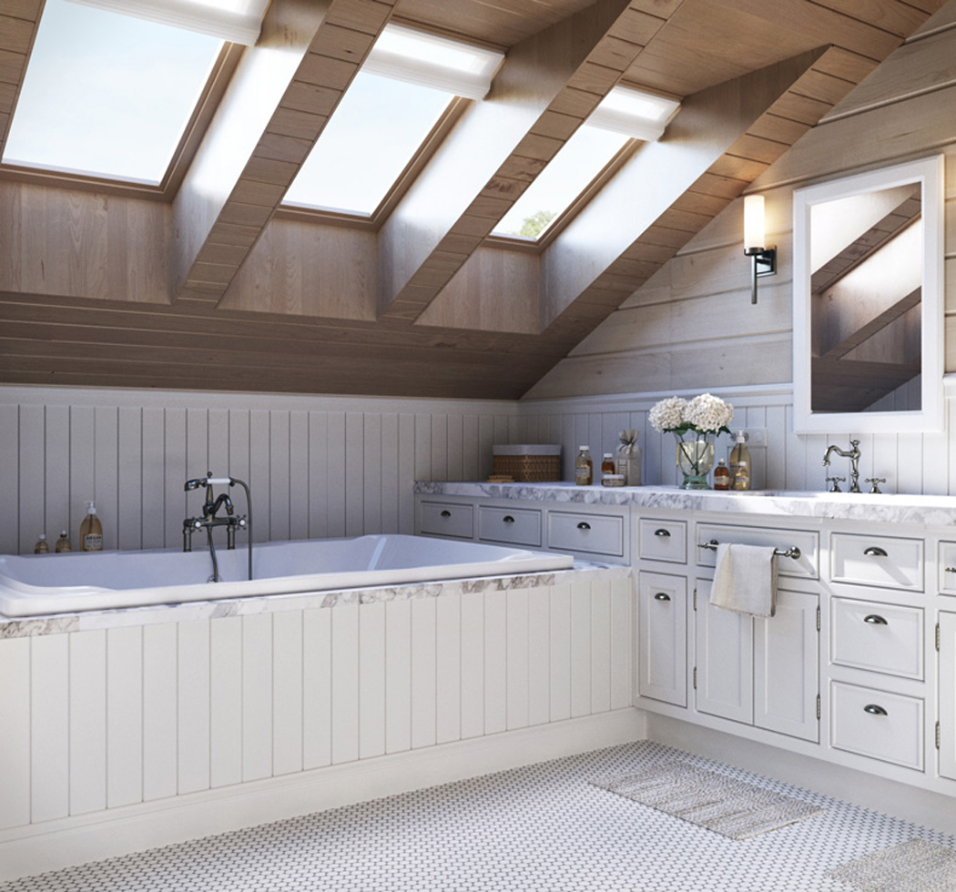 Une des deux salles de bains située à l’étage de cette maison familiale design rustique salle de bain comble maison