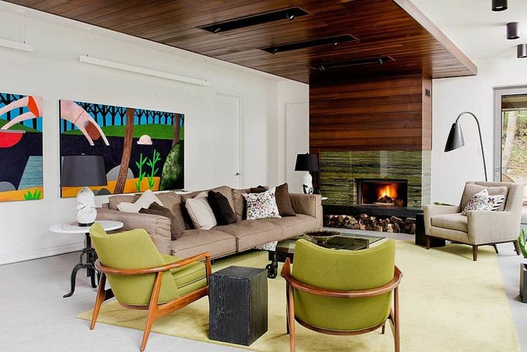 Séjour et décoration d’intérieur du chalet en bois résidence secondaire dans montagne québec