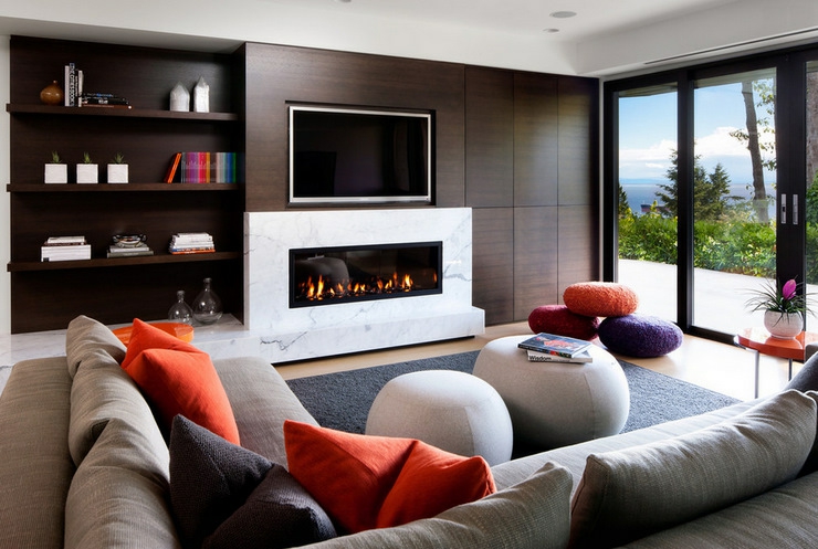 Cheminée design et ameublement contemporain de luxe séjour maison moderne d'architecte
