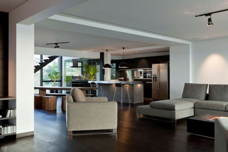 Côté séjour dans une ambiance minimaliste et épurée appartement duplex design intérieur homme