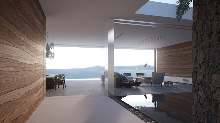 Vue depuis la cour intérieure de l’espace principale de cette maison moderne séjour salle à manger avec vue