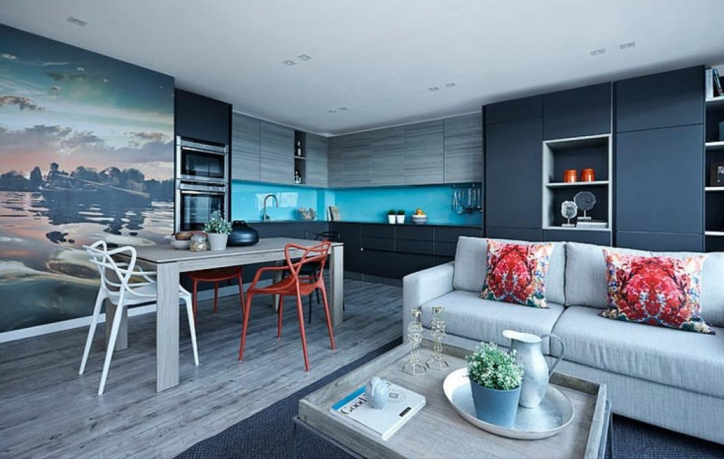 Séjour design de l’appartement luxueux cuisine turquoise appartement de ville