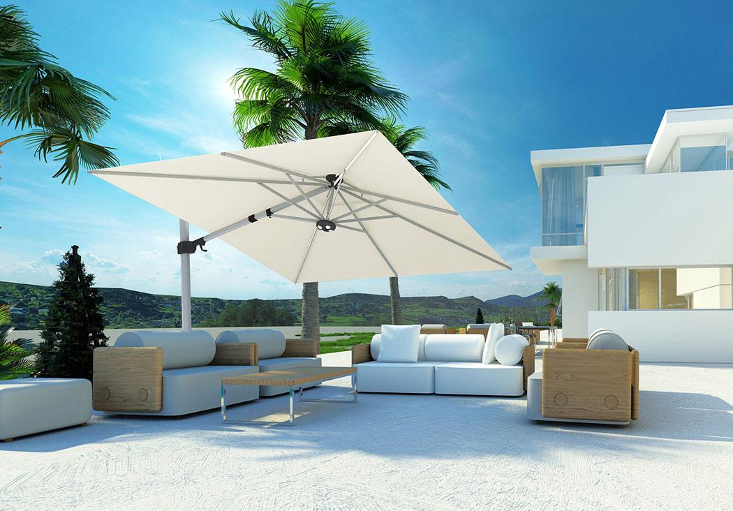 Aménagement élégant d’un salon extérieur avec un parasol fratello blanc parasol excentré aménagement salon outdoor moderne