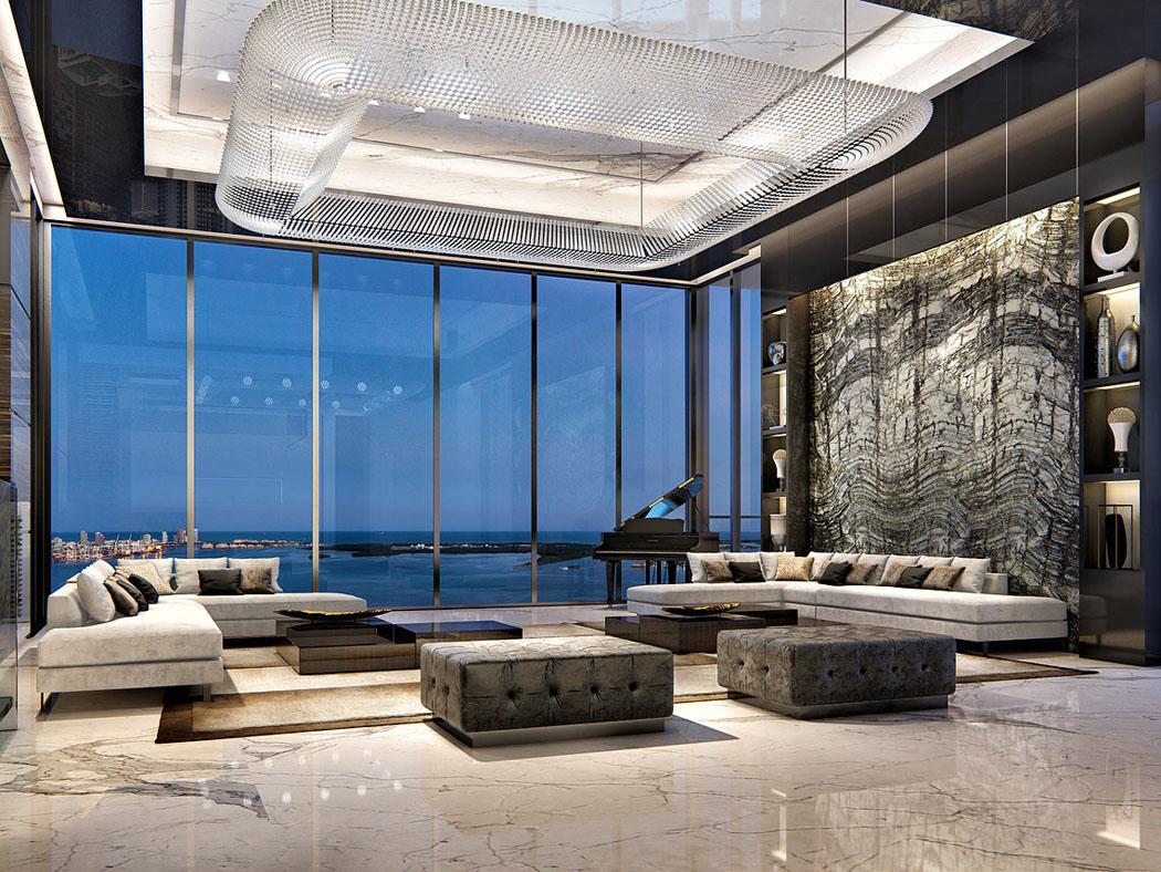 Un salon classe offrant une vue prise sur le littoral de Miami - Floride penthouse miami de luxe avec vue