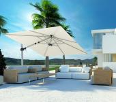 Aménagement élégant d’un salon extérieur avec un parasol fratello blanc parasol excentré aménagement salon outdoor moderne