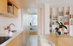 Petite cuisine aménagée bien agencée avec de nombreux rangements cuisine moderne dissimulée en bois